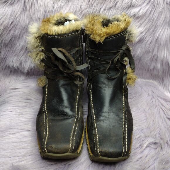 BATA Brown Casual Shearling Lined Side Zip Ankle Boots  Vtg Bata Leather Fur Trim Ankle Boots Womens Sz EU 38 US 7 Brown Fleece Lined